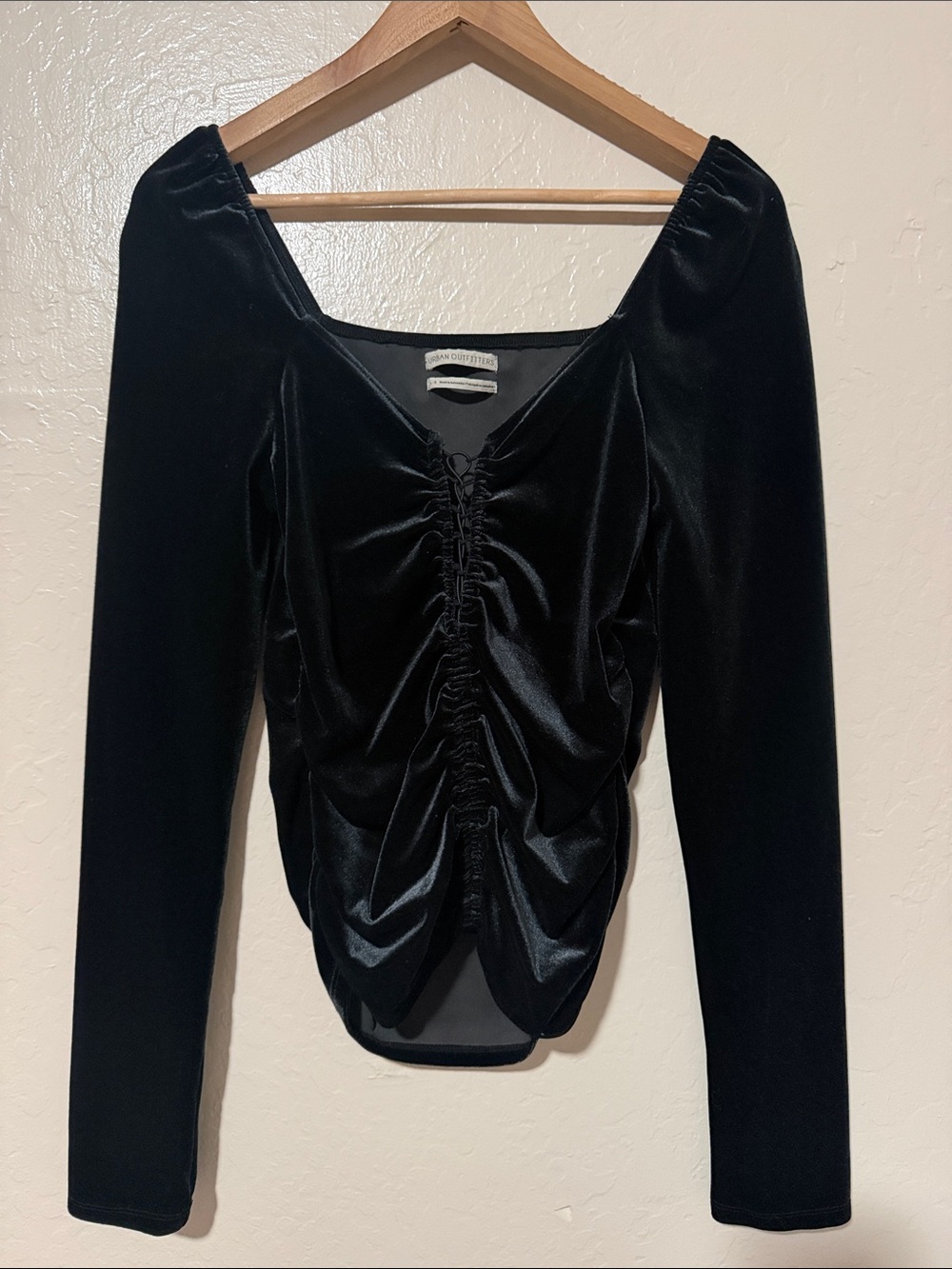 Urban Outfitters Black Velvet Ruched Long Sleeve Top Size L